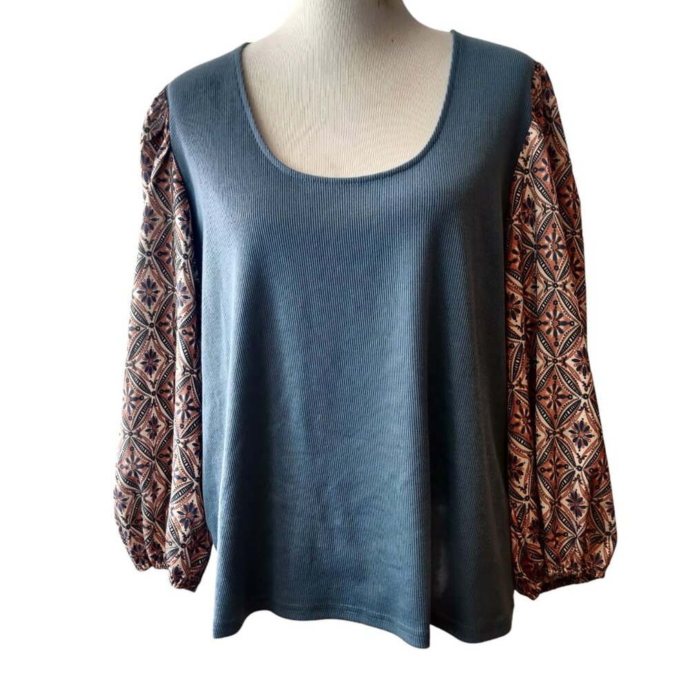 Dolan Left Coast Womens Plus Size 3X Blue Ribbed Geometric Balloon Sleeve Top